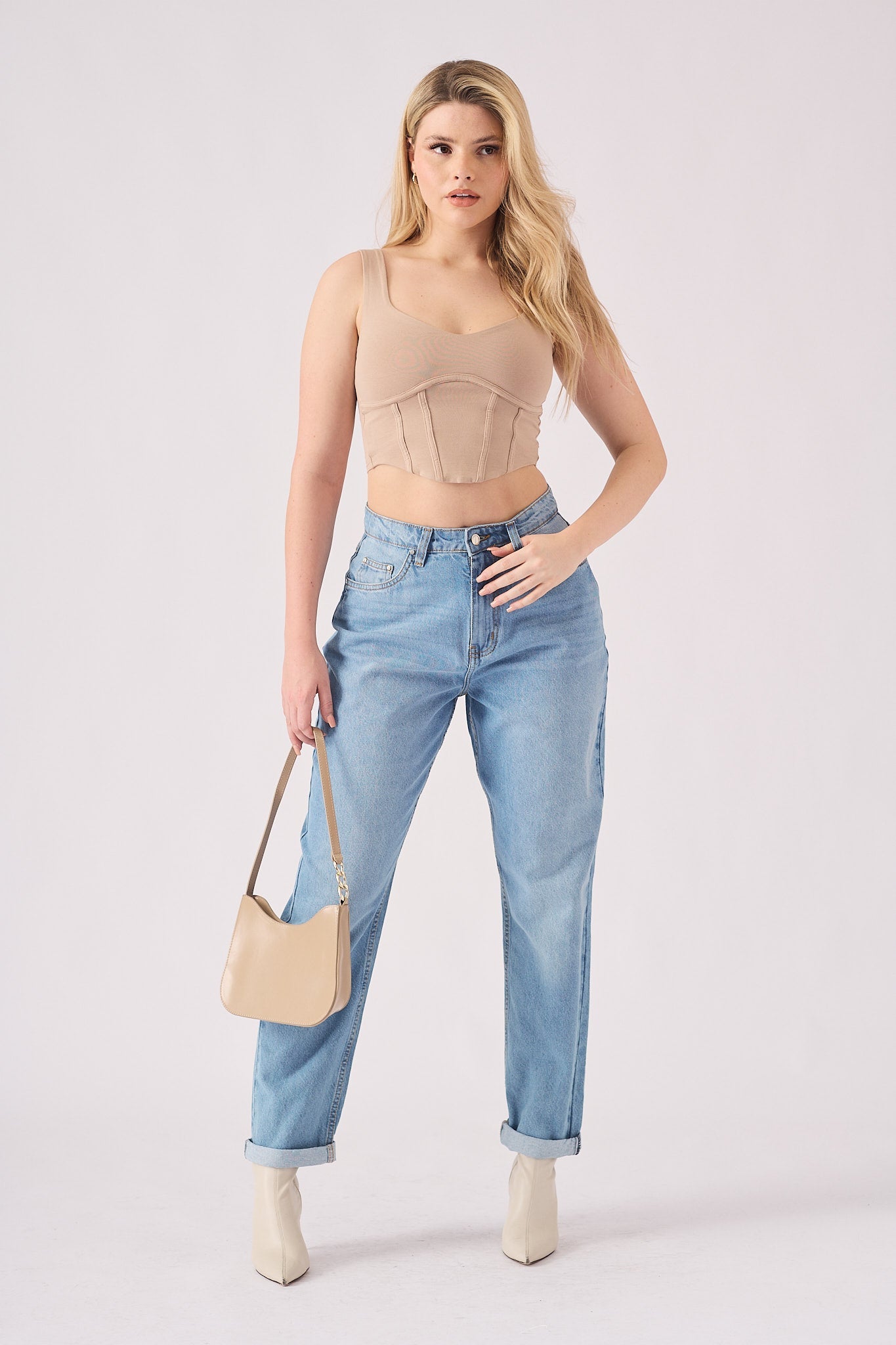 HIGH WAISTED TURN UP STRAIGHT LEG JEANS - LIGHT BLUE