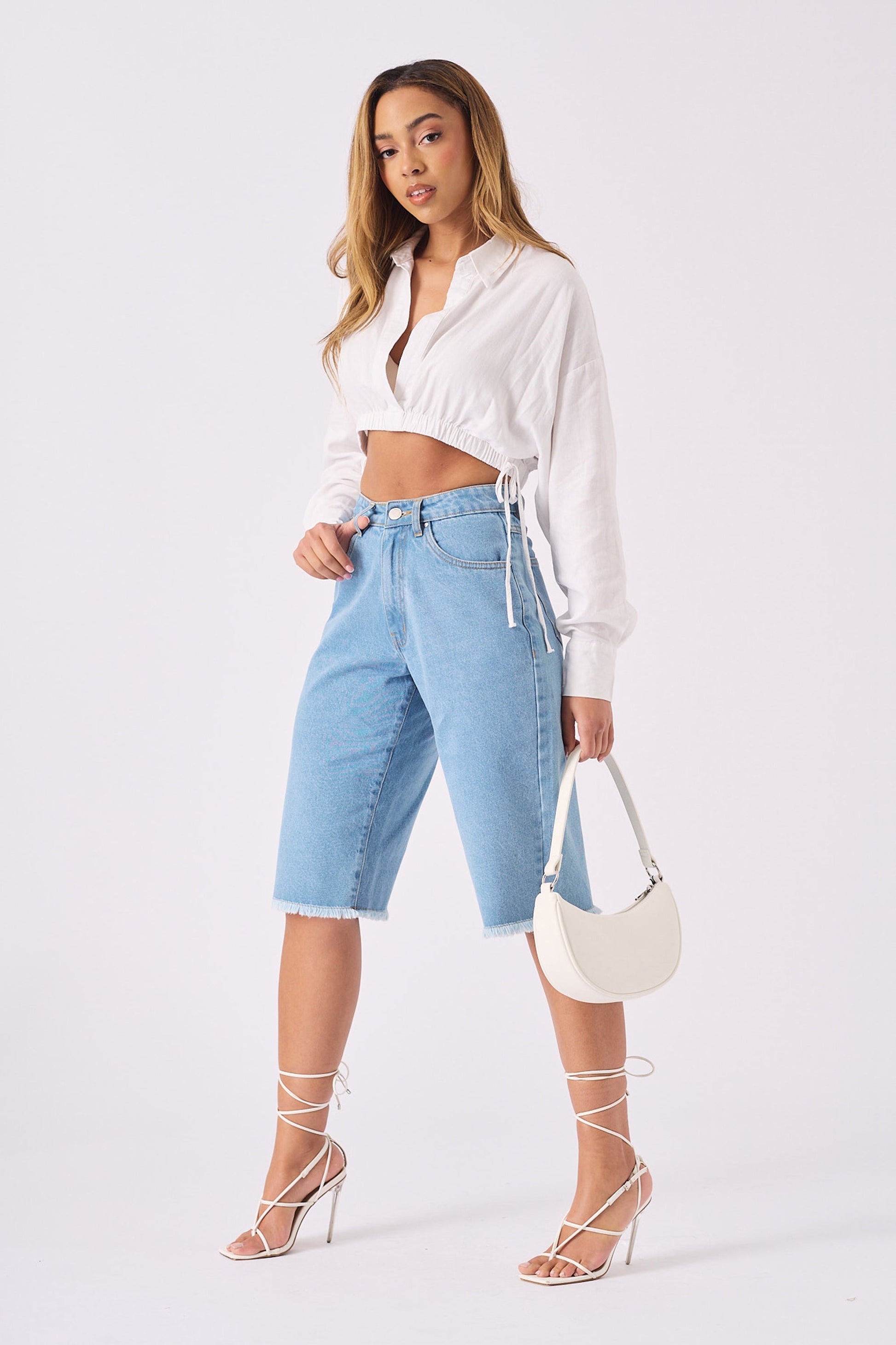 Long Line Denim Jorts - LIGHT BLUE WASH