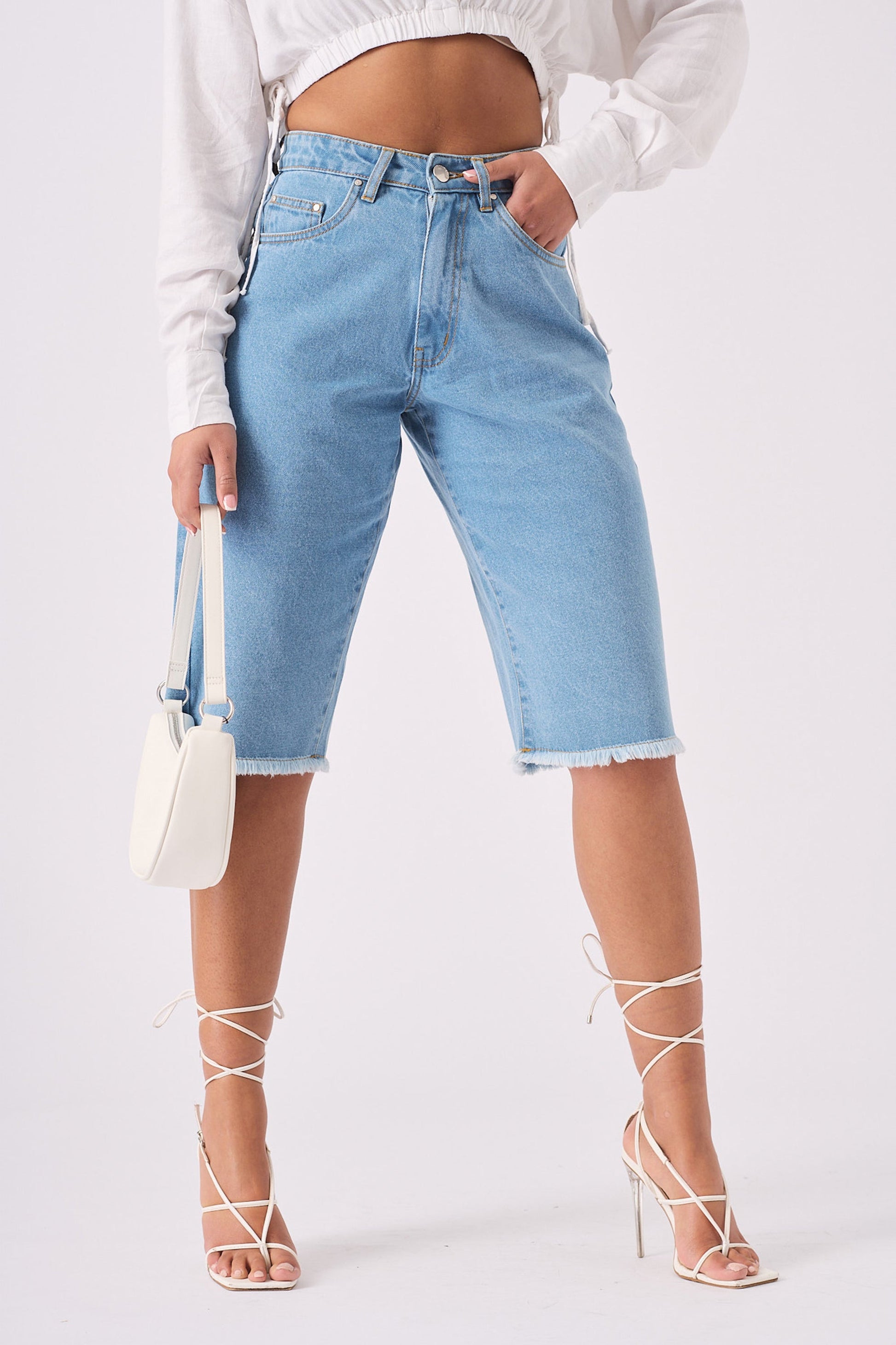 Long Line Denim Jorts - LIGHT BLUE WASH