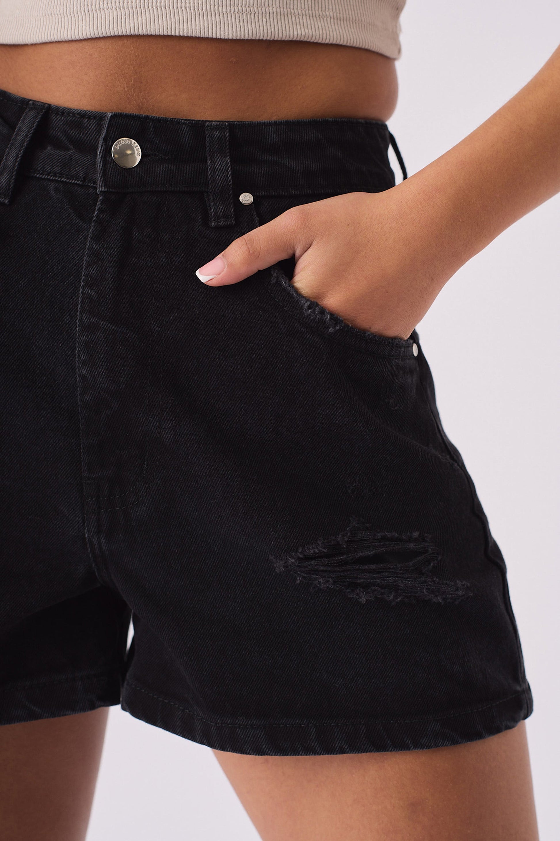 RIPPED DENIM SHORTS - BLACK WASH