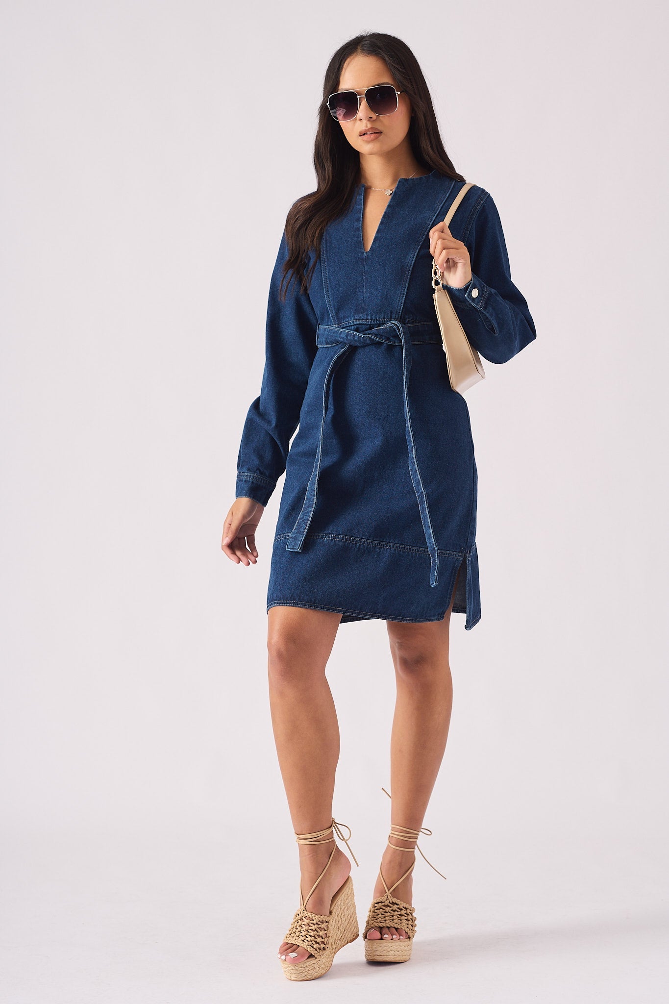 V-NECK WRAP DRESS - DARK BLUE