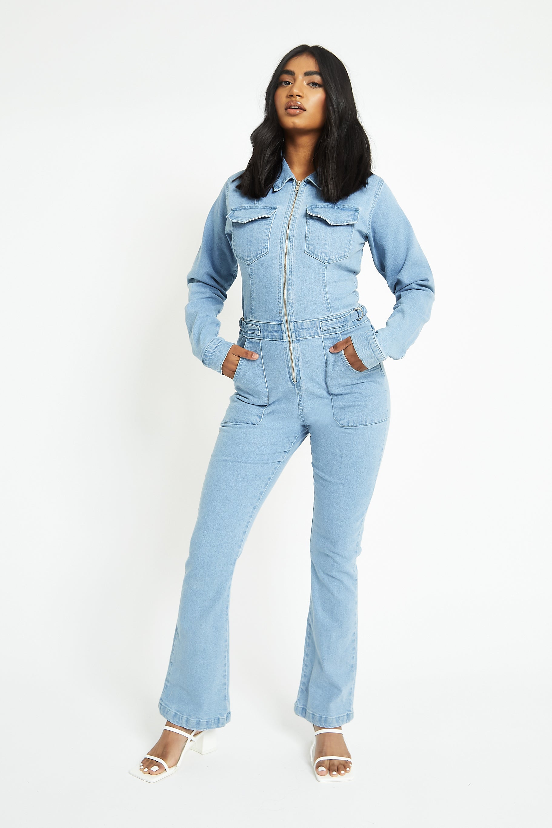 FIT AND FLARE DENIM JUMPSUIT - LIGHT BLUE WASH