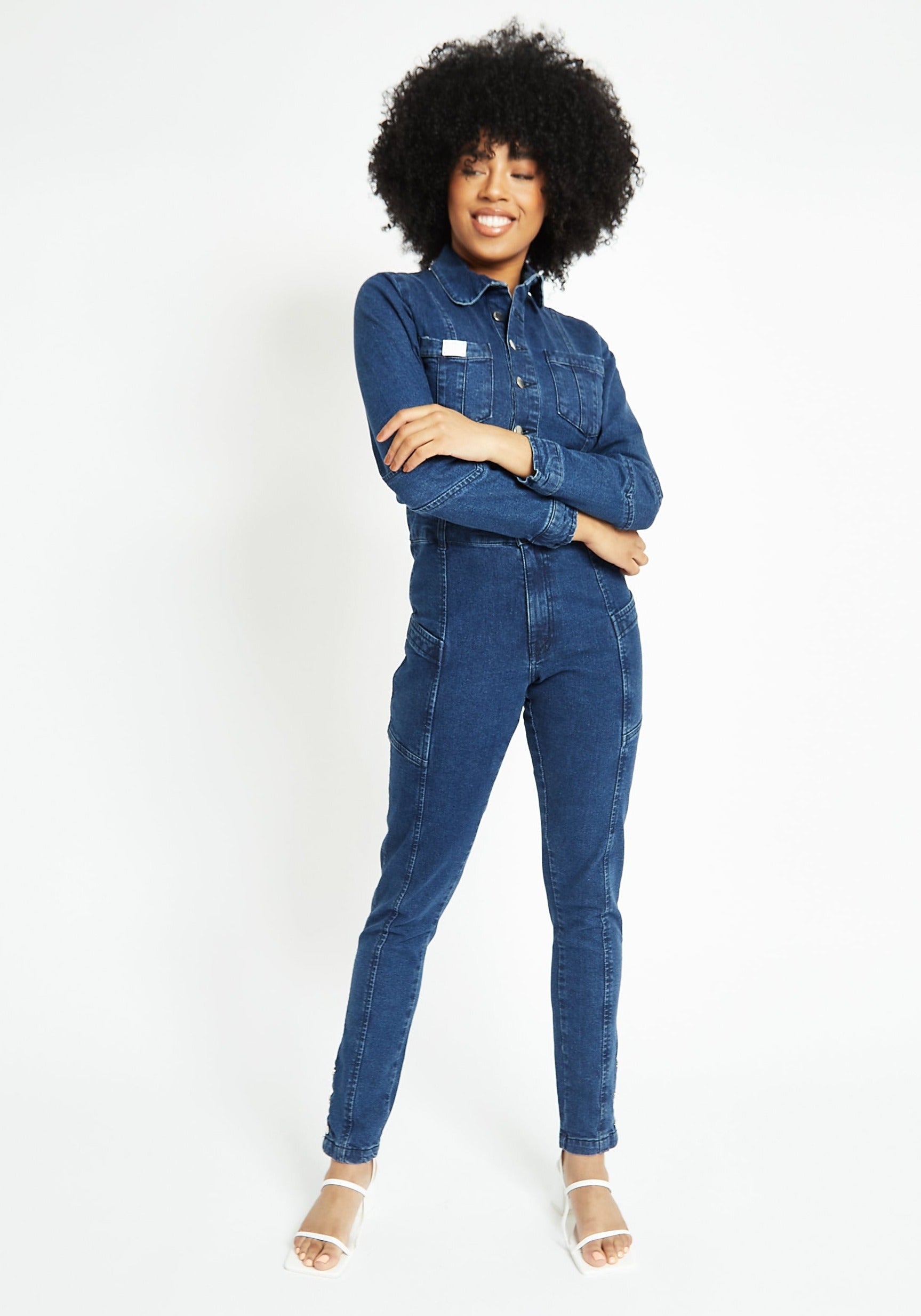 FITTED LONG SLEEVE DENIM JUMPSUIT - DARK BLUE WASH