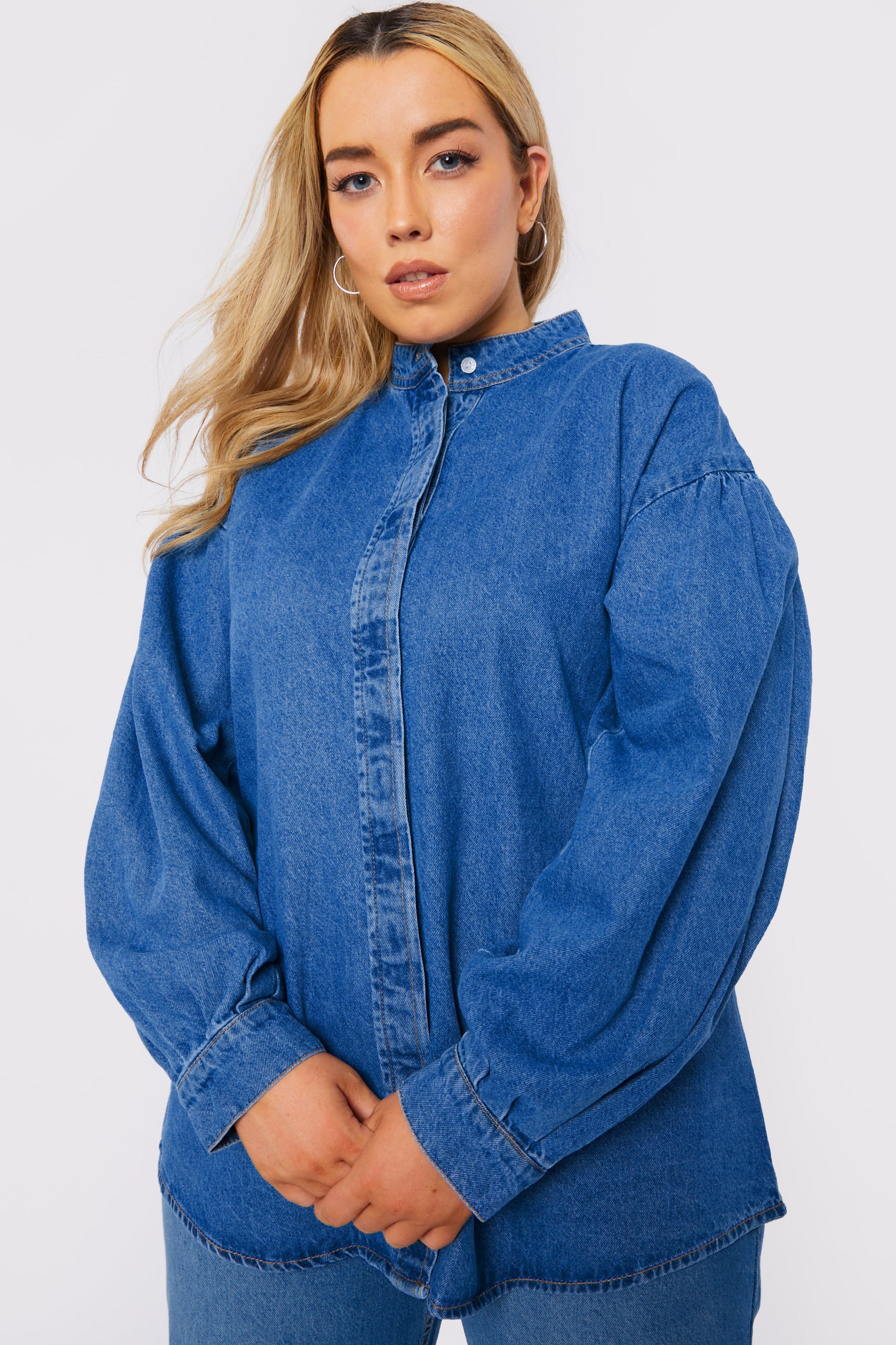 PLUS SIZE BALLOON SLEEVE DENIM SHIRT - MID BLUE