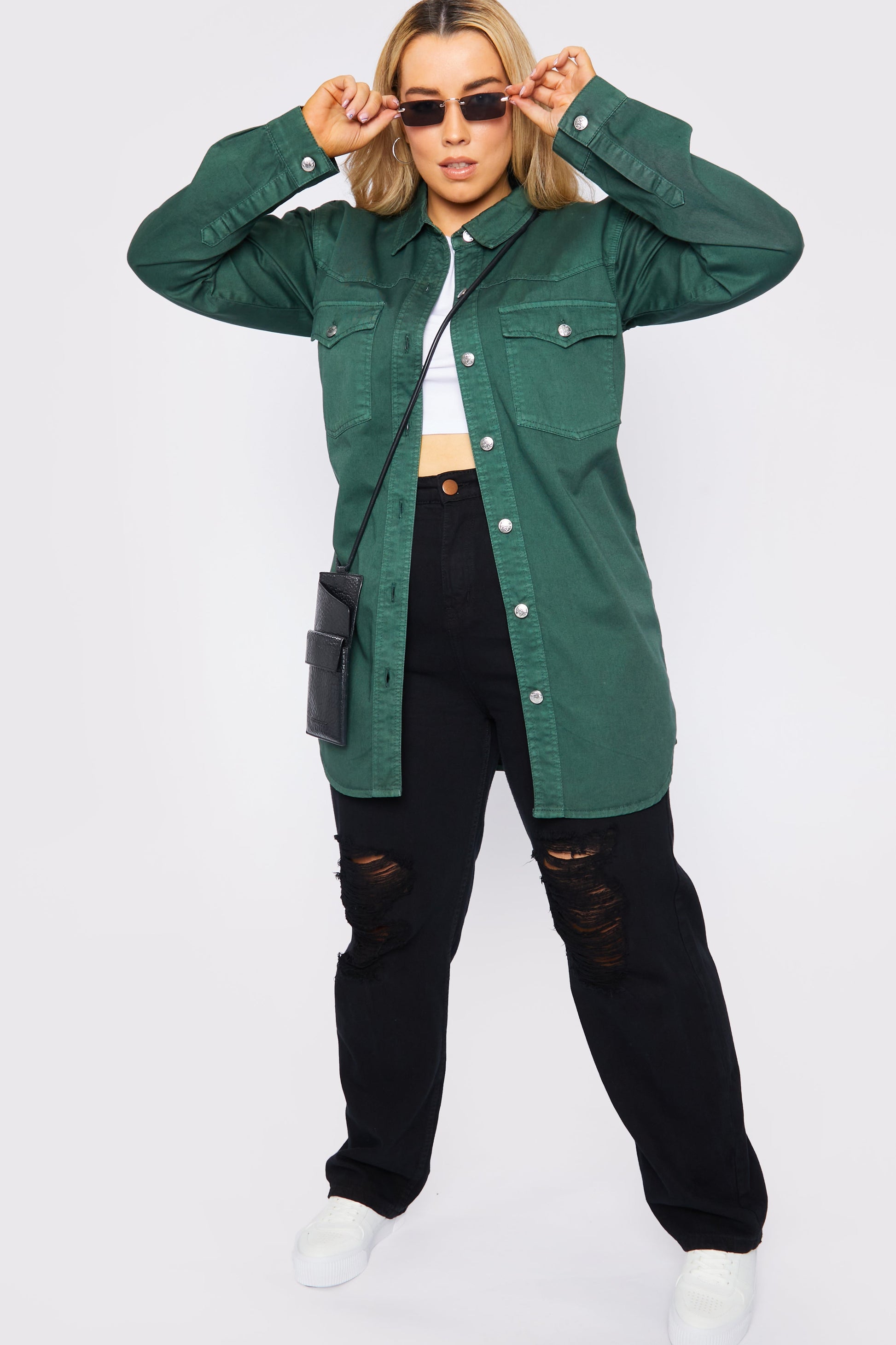PLUS SIZE LONG DENIM SHIRT - GREEN