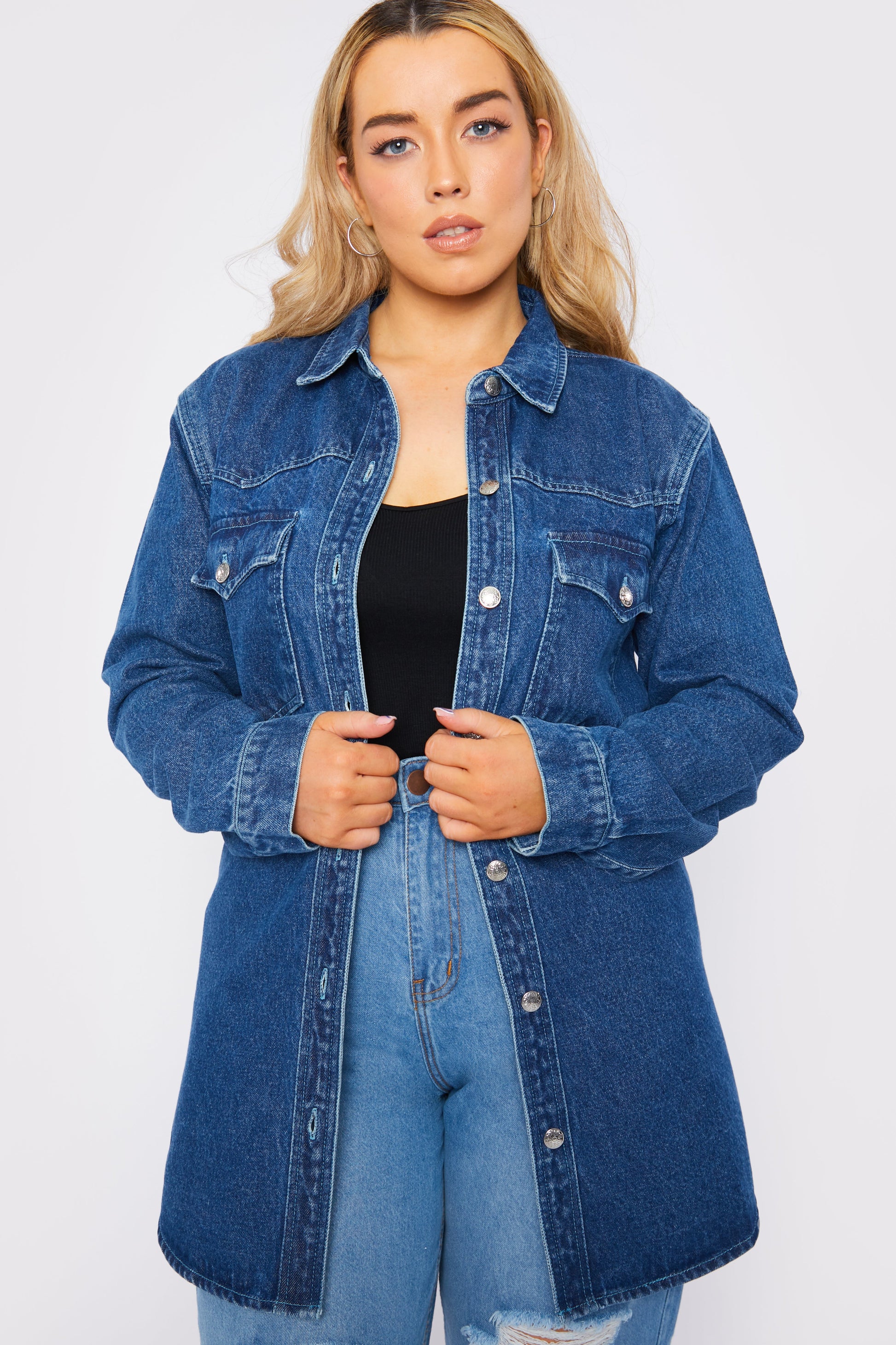 PLUS SIZE LONG DENIM SHIRT - MID BLUE