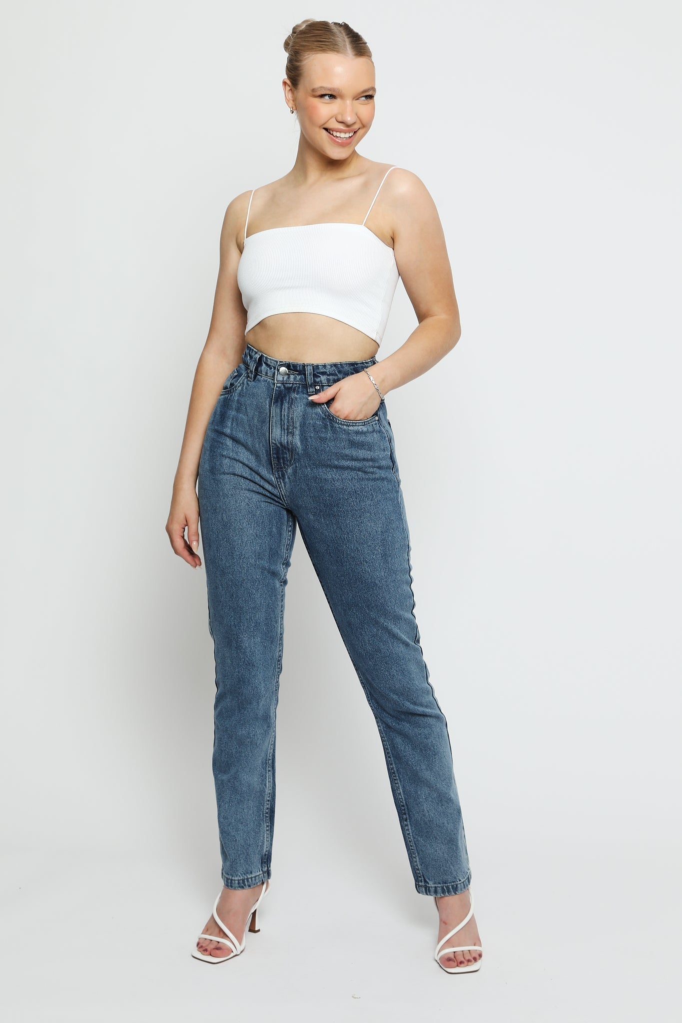 HIGH WAIST SLIM STRAIGHT JEANS - STONE BLUE