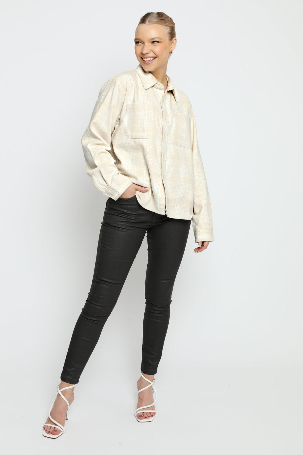 PLAID FLANNEL CHECK SHIRT-BEIGE AND WHITE