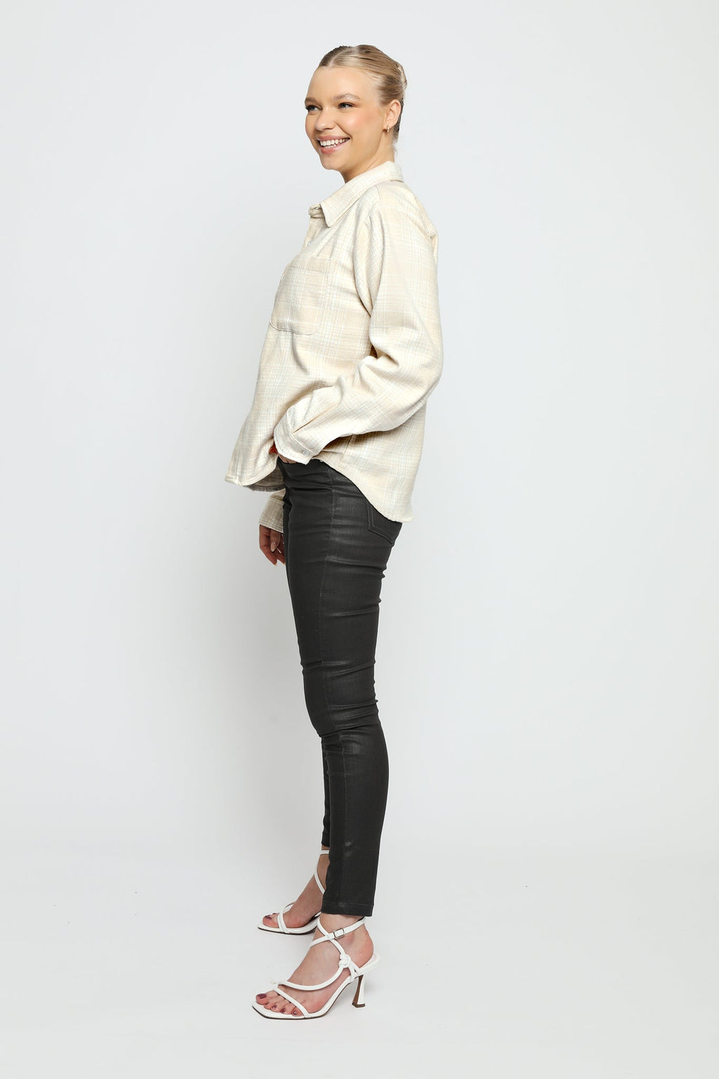 PLAID FLANNEL CHECK SHIRT-BEIGE AND WHITE