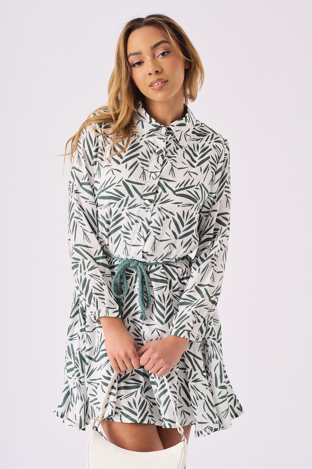 SKATER FLUTER DRESS WITH BELT TIE - GREEN