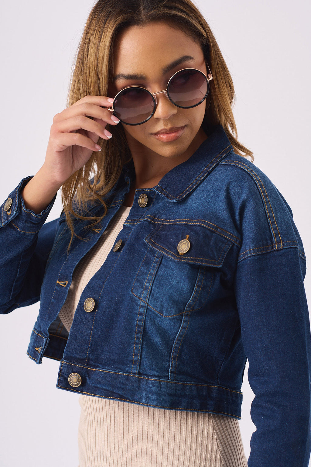 CROPPED DENIM JACKET - MID BLUE