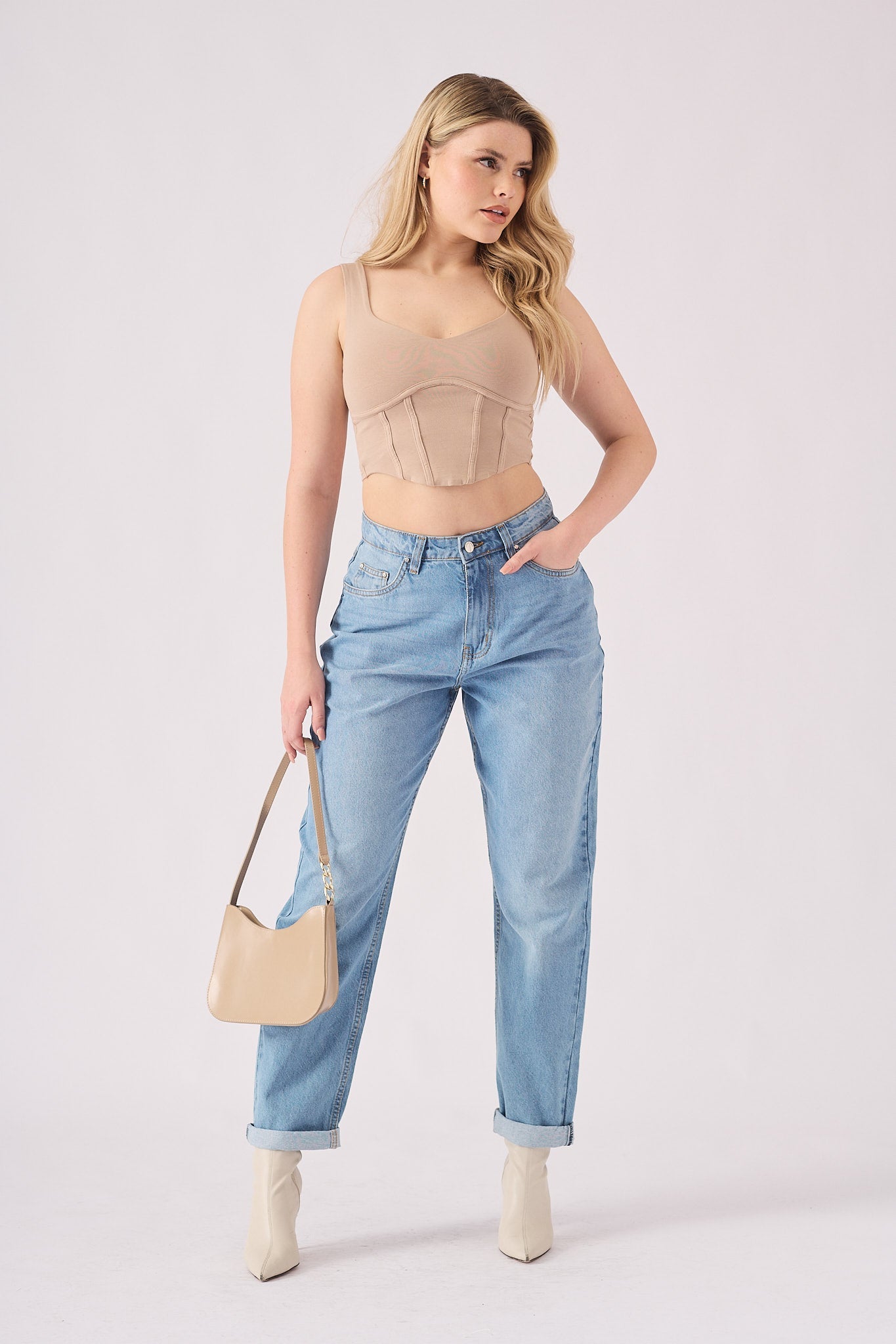 HIGH WAISTED TURN UP STRAIGHT LEG JEANS - LIGHT BLUE