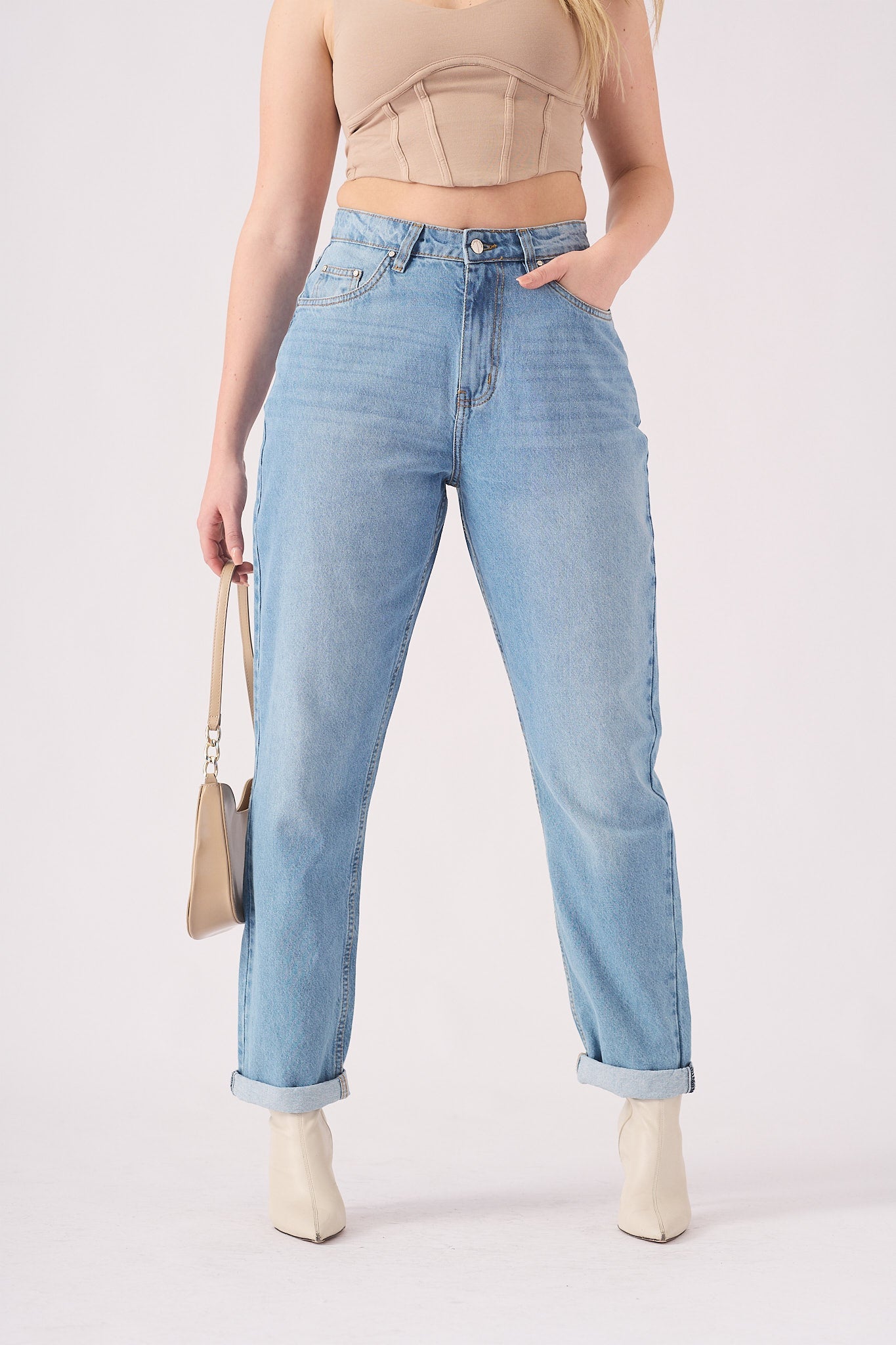 HIGH WAISTED TURN UP STRAIGHT LEG JEANS - LIGHT BLUE