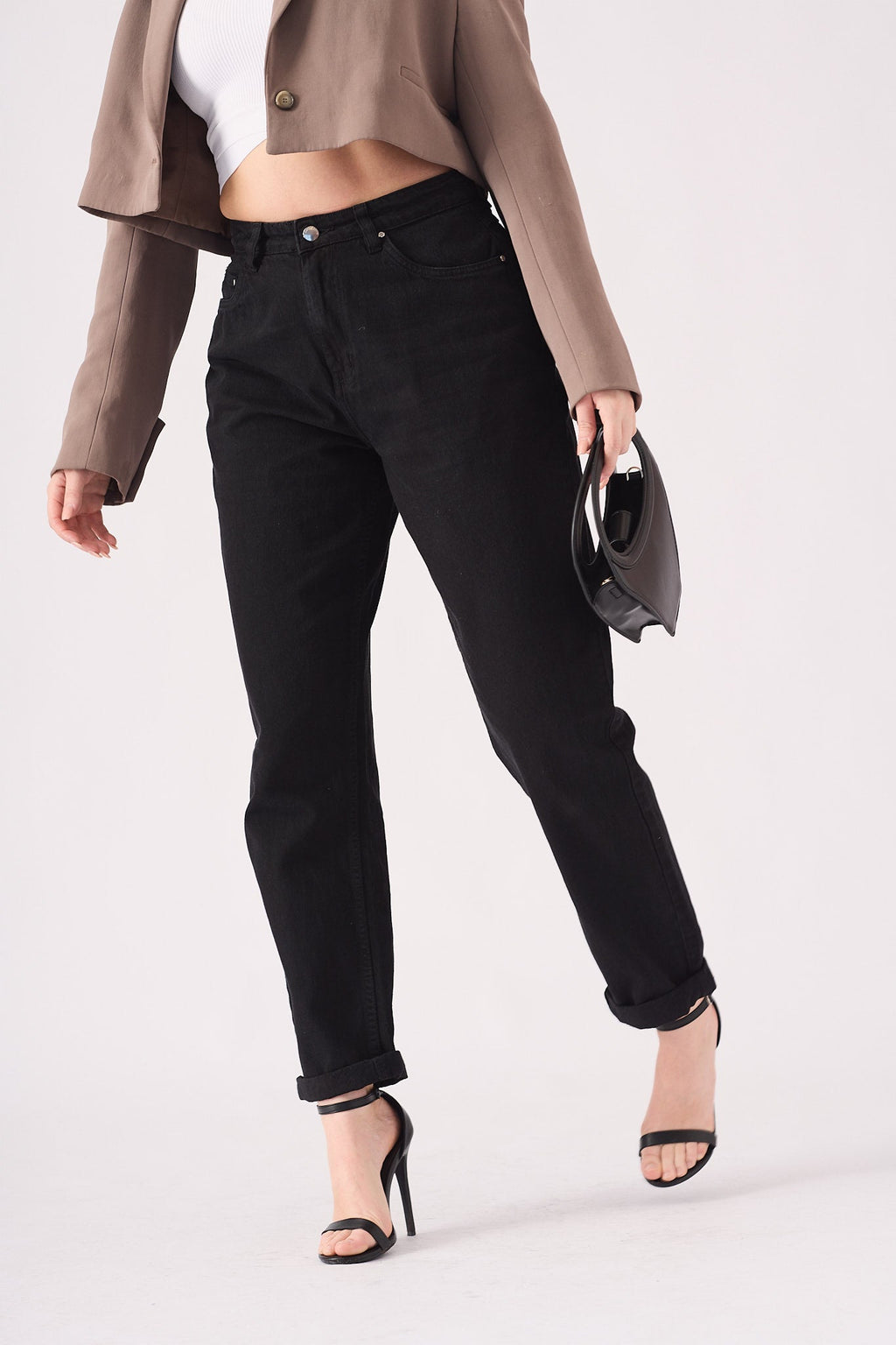 HIGH WAISTED TURN UP STRAIGHT LEG JEANS - BLACK