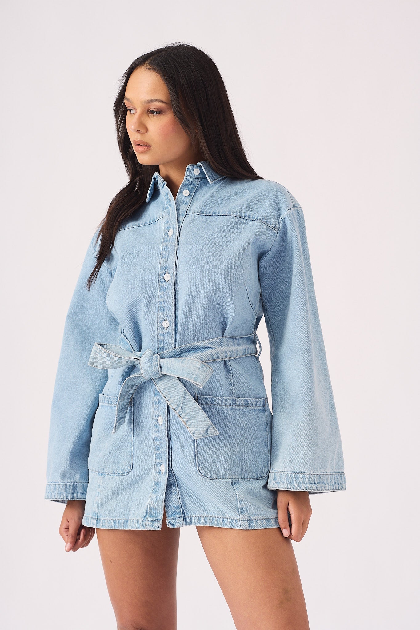 LONG SLEEVE WRAP DRESS  - LIGHT BLUE