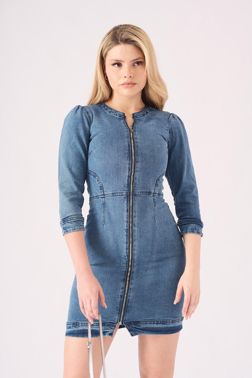 DENIM ZIP UP DRESS - BLUE