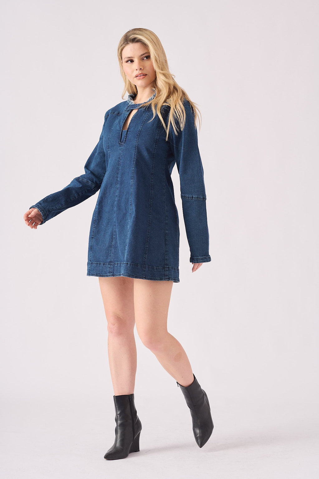 LONG SLEEVE DENIM DRESS - DARK BLUE