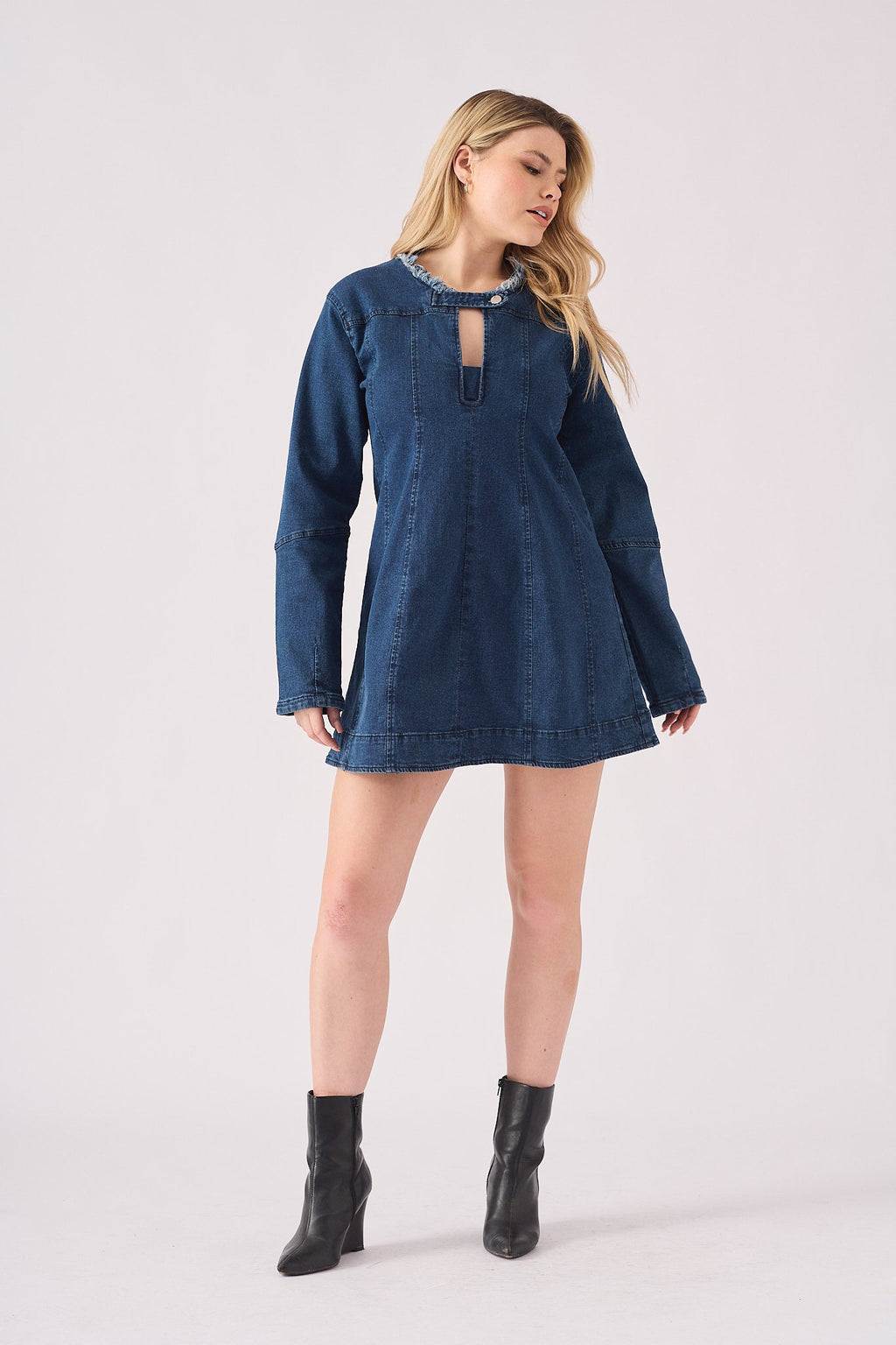 LONG SLEEVE DENIM DRESS - DARK BLUE