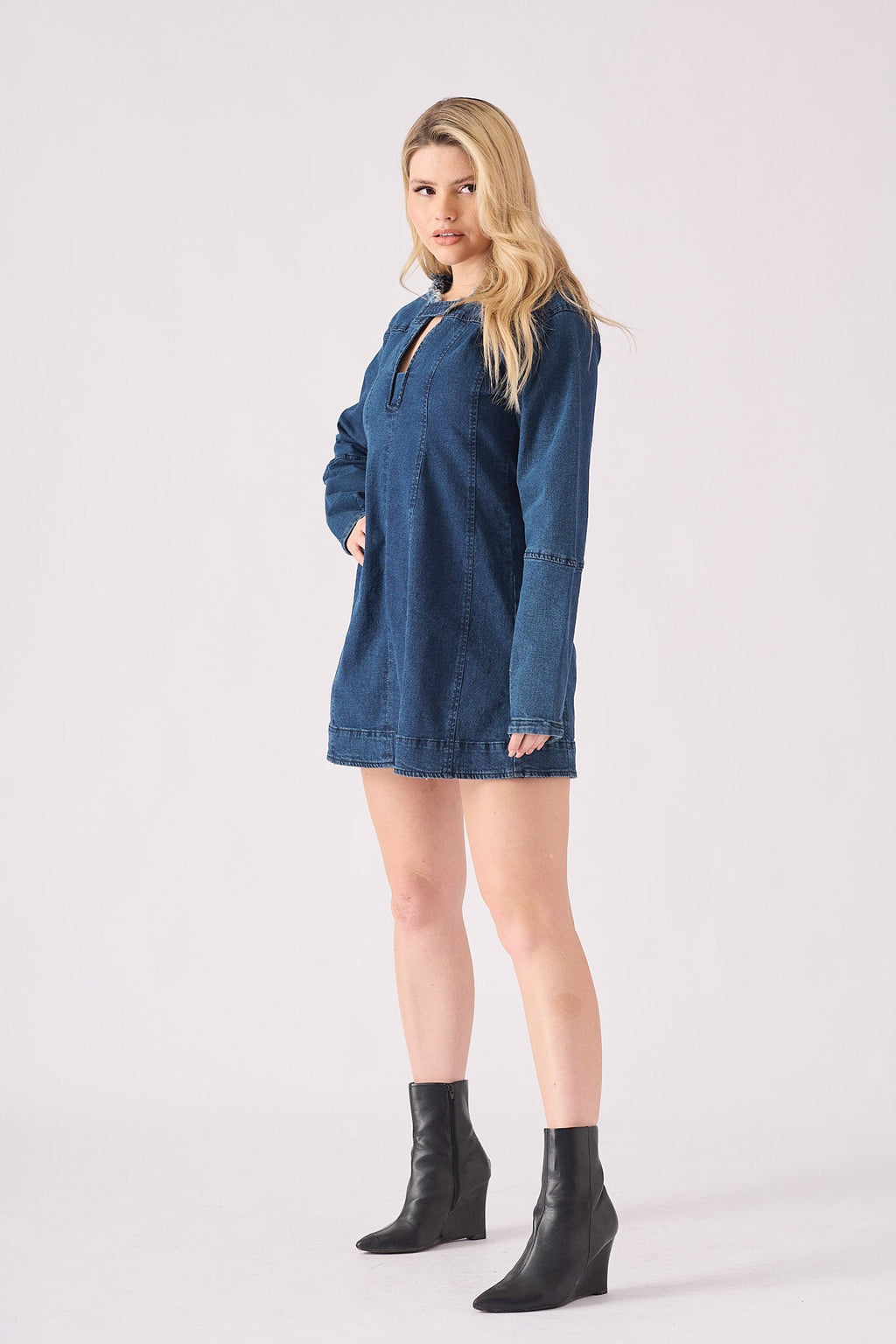 LONG SLEEVE DENIM DRESS - DARK BLUE