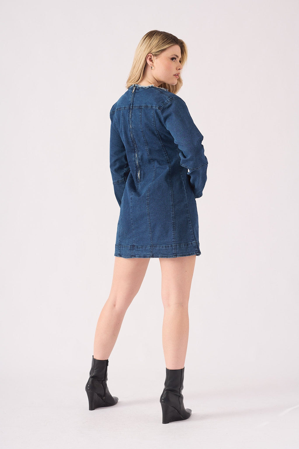 LONG SLEEVE DENIM DRESS - DARK BLUE