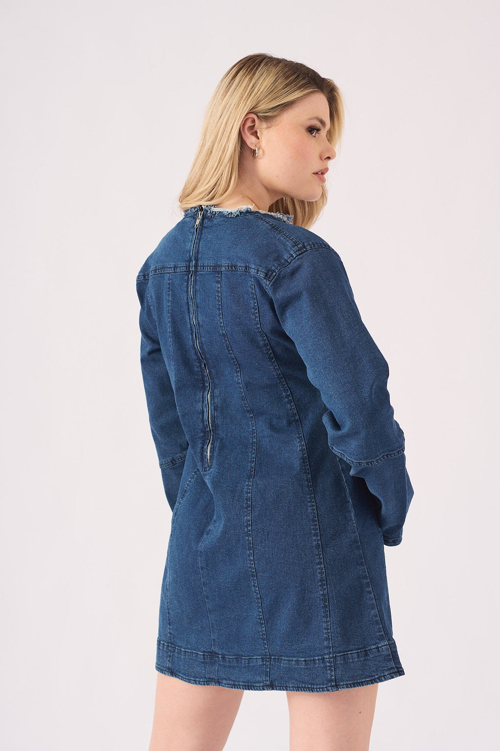 LONG SLEEVE DENIM DRESS - DARK BLUE