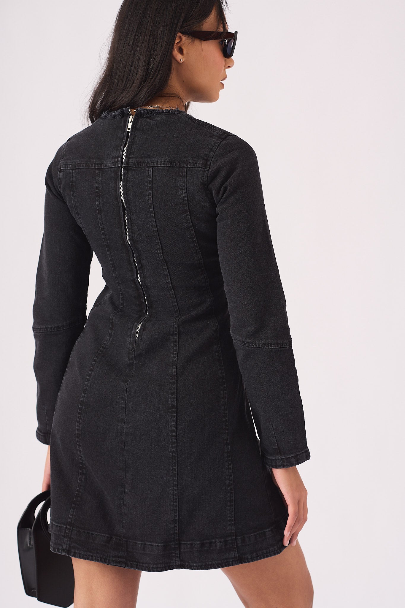 LONG SLEEVE DENIM DRESS - BLACK