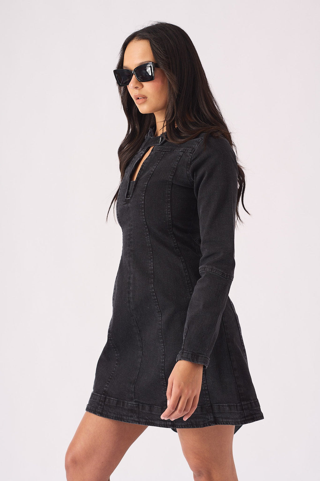 LONG SLEEVE DENIM DRESS - BLACK