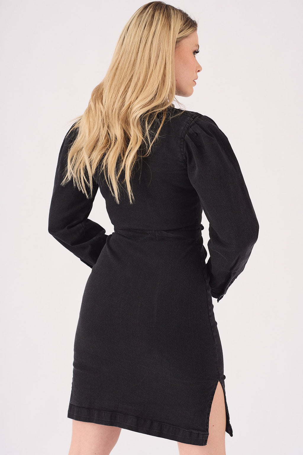 DENIM PUFF SLEEVE DRESS - BLACK