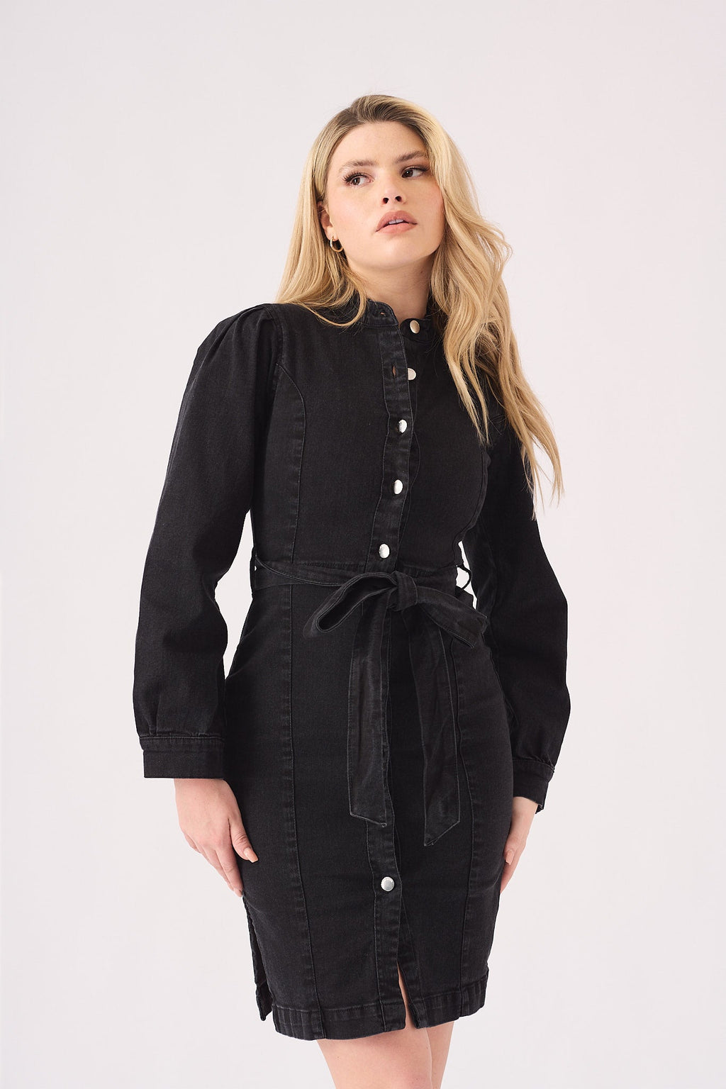 DENIM PUFF SLEEVE DRESS - BLACK