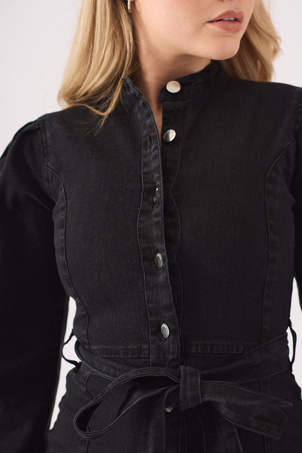 DENIM PUFF SLEEVE DRESS - BLACK