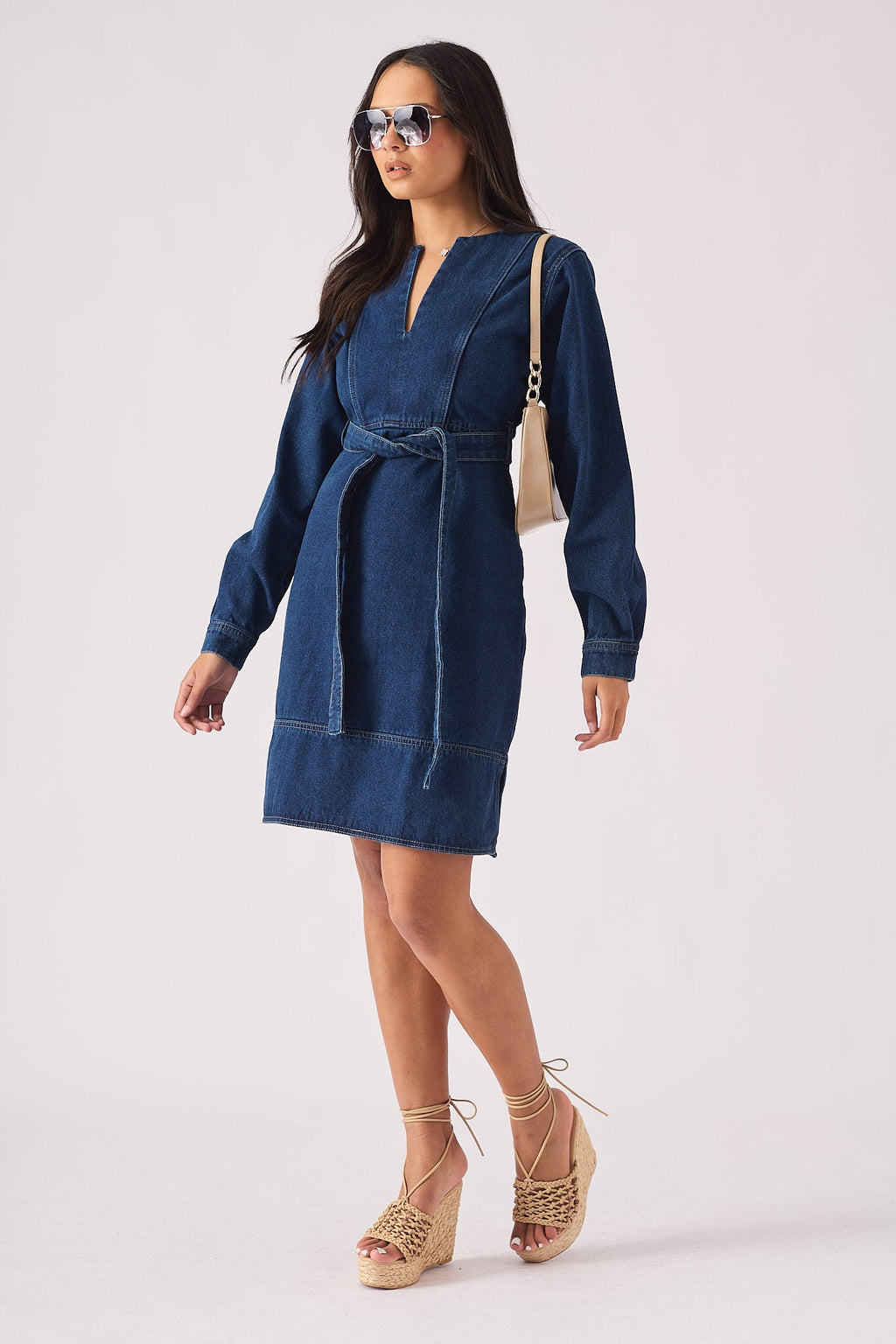 V-NECK WRAP DRESS - DARK BLUE