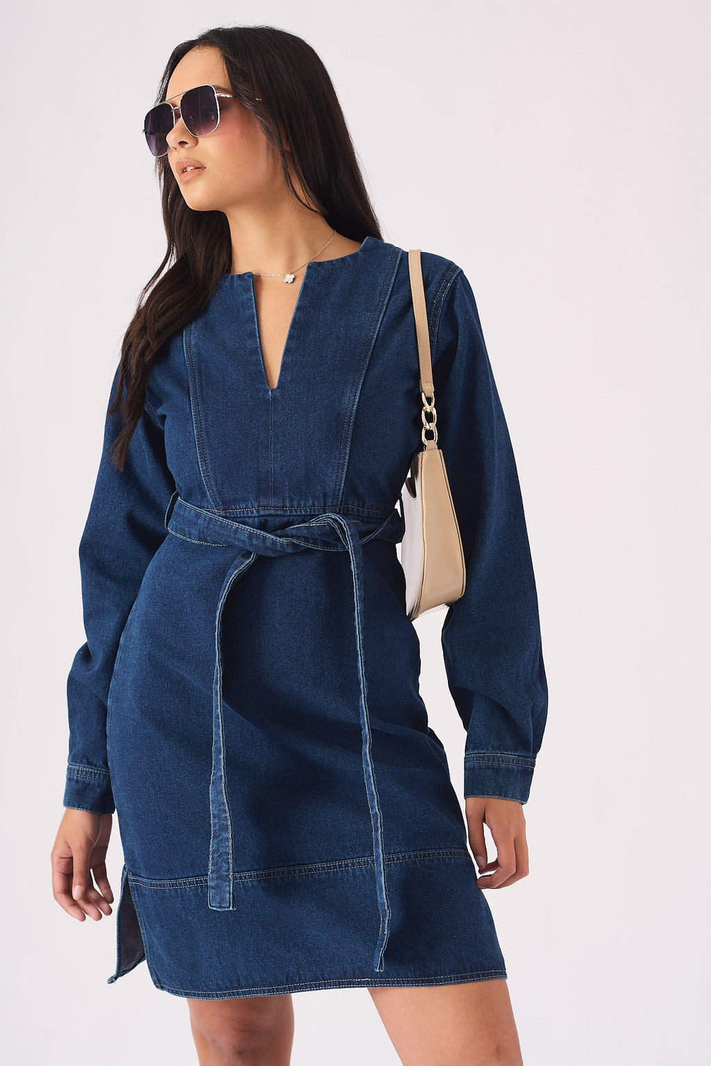 V-NECK WRAP DRESS - DARK BLUE