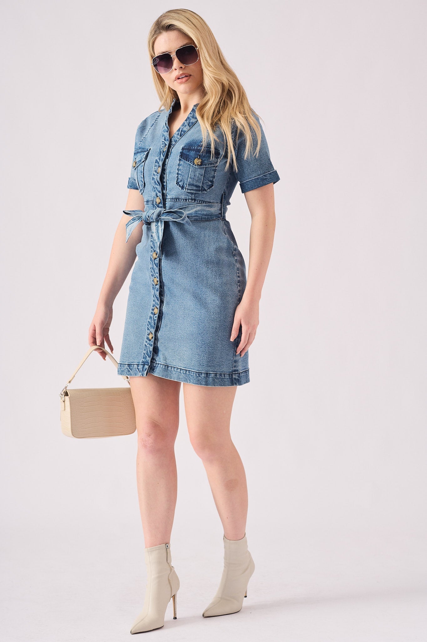 SHORT SLEEVE WRAP DRESS - STONE BLUE