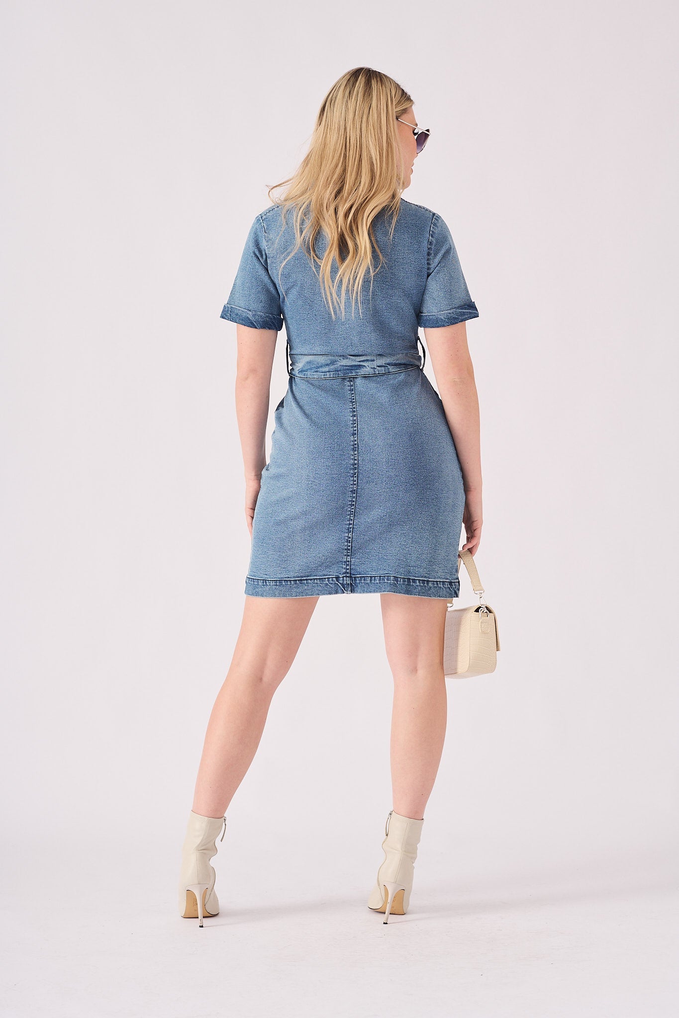 SHORT SLEEVE WRAP DRESS - STONE BLUE