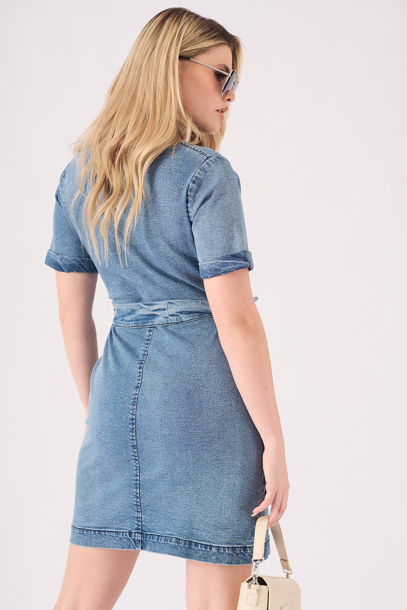 SHORT SLEEVE WRAP DRESS - STONE BLUE