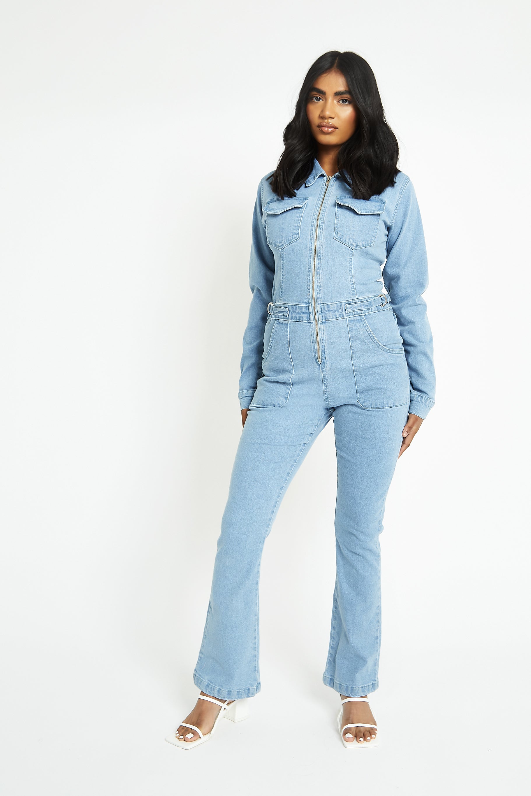 FIT AND FLARE DENIM JUMPSUIT - LIGHT BLUE WASH