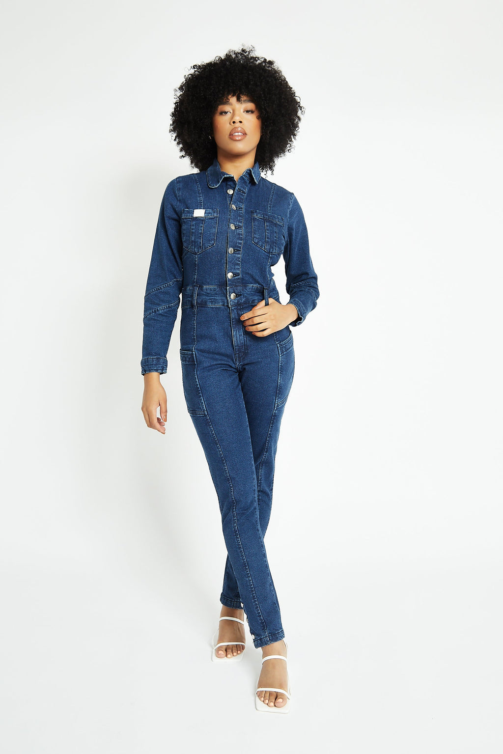 FITTED LONG SLEEVE DENIM JUMPSUIT - DARK BLUE WASH