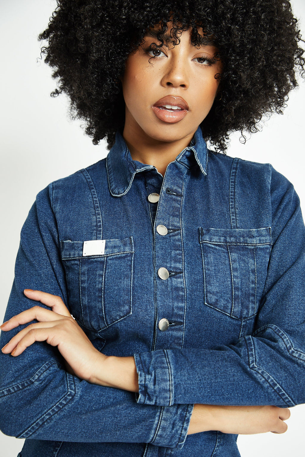 FITTED LONG SLEEVE DENIM JUMPSUIT - DARK BLUE WASH