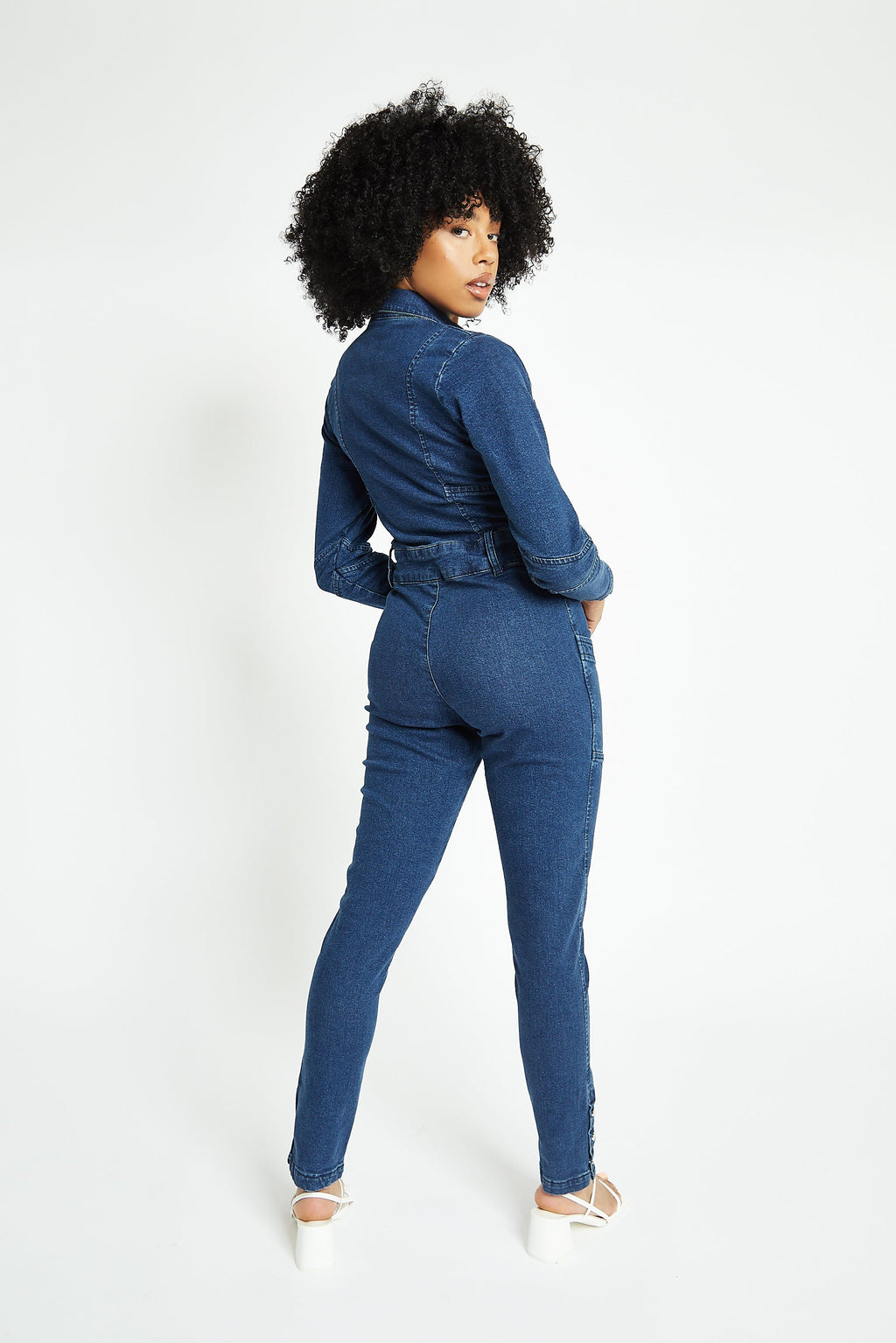 FITTED LONG SLEEVE DENIM JUMPSUIT - DARK BLUE WASH