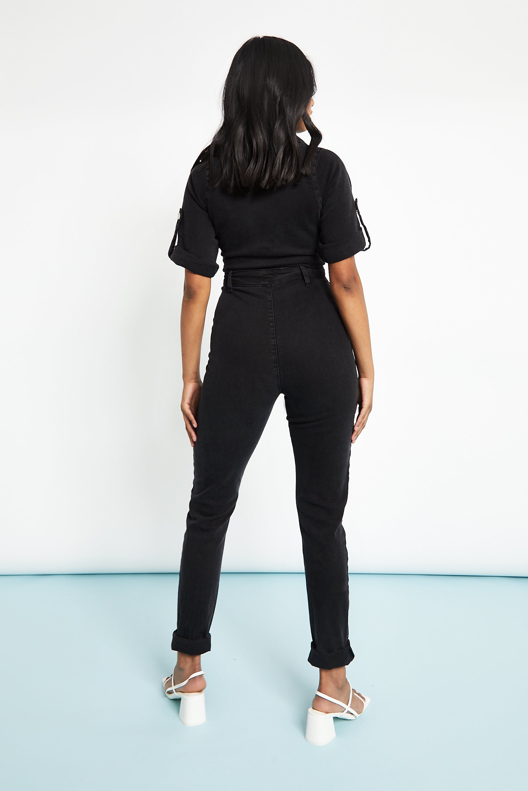 ZIP UP DENIM JUMPSUIT - BLACK WASH