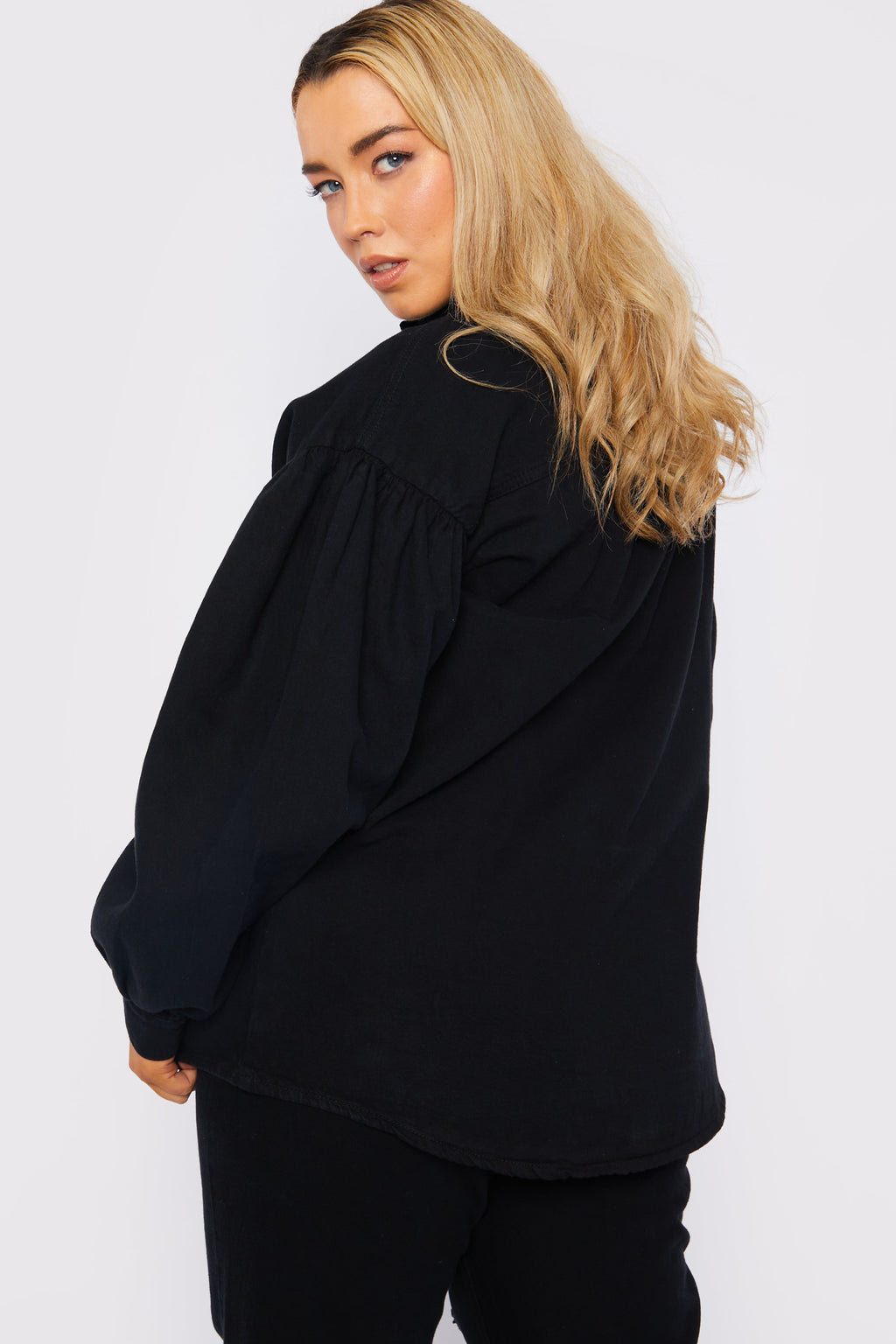 PLUS SIZE BALLOON SLEEVE DENIM SHIRT - BLACK