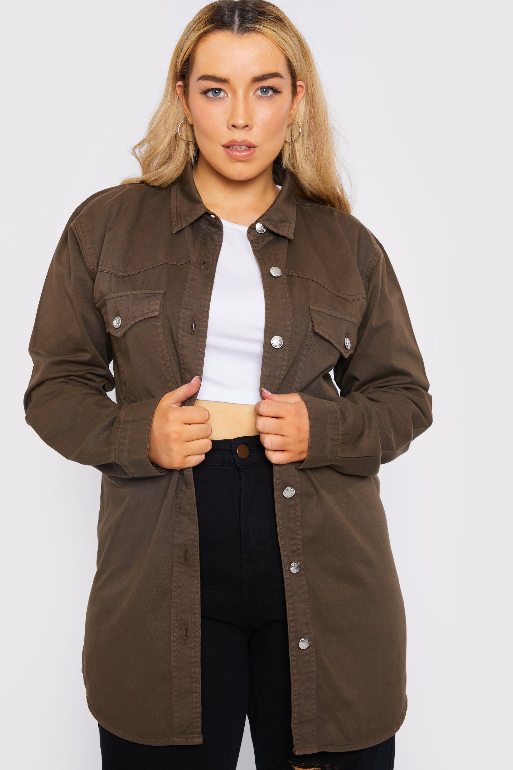 PLUS SIZE LONG DENIM SHIRT - BROWN