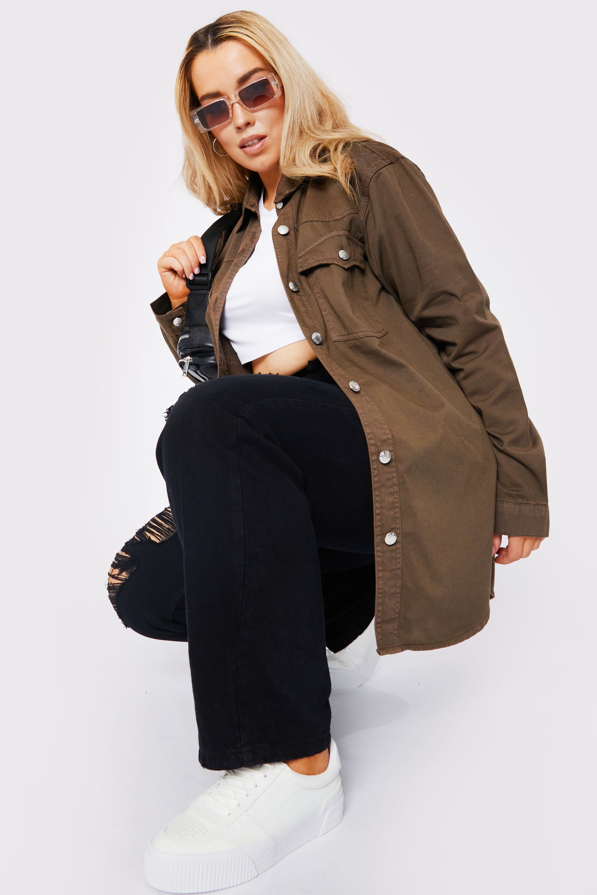 PLUS SIZE LONG DENIM SHIRT - BROWN