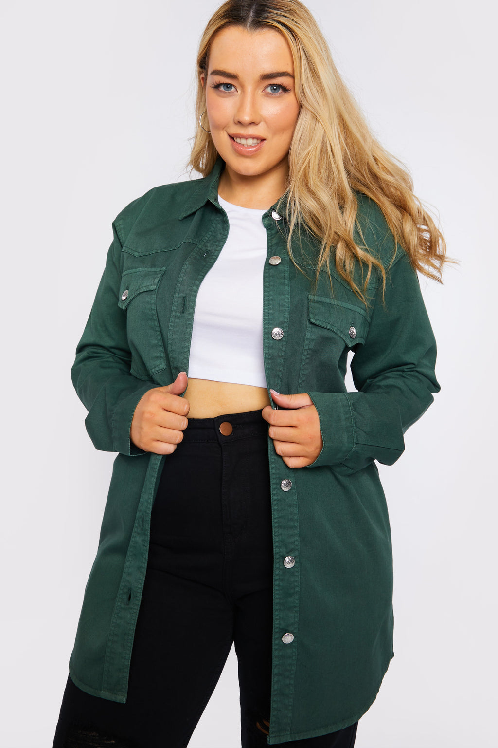 PLUS SIZE LONG DENIM SHIRT - GREEN