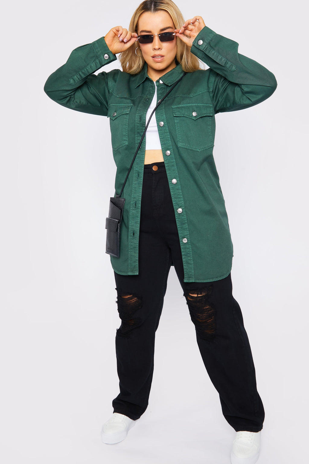 PLUS SIZE LONG DENIM SHIRT - GREEN