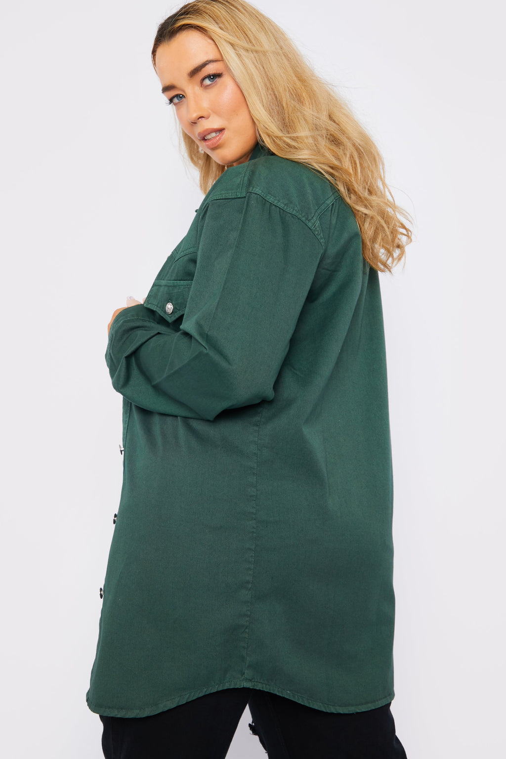 PLUS SIZE LONG DENIM SHIRT - GREEN