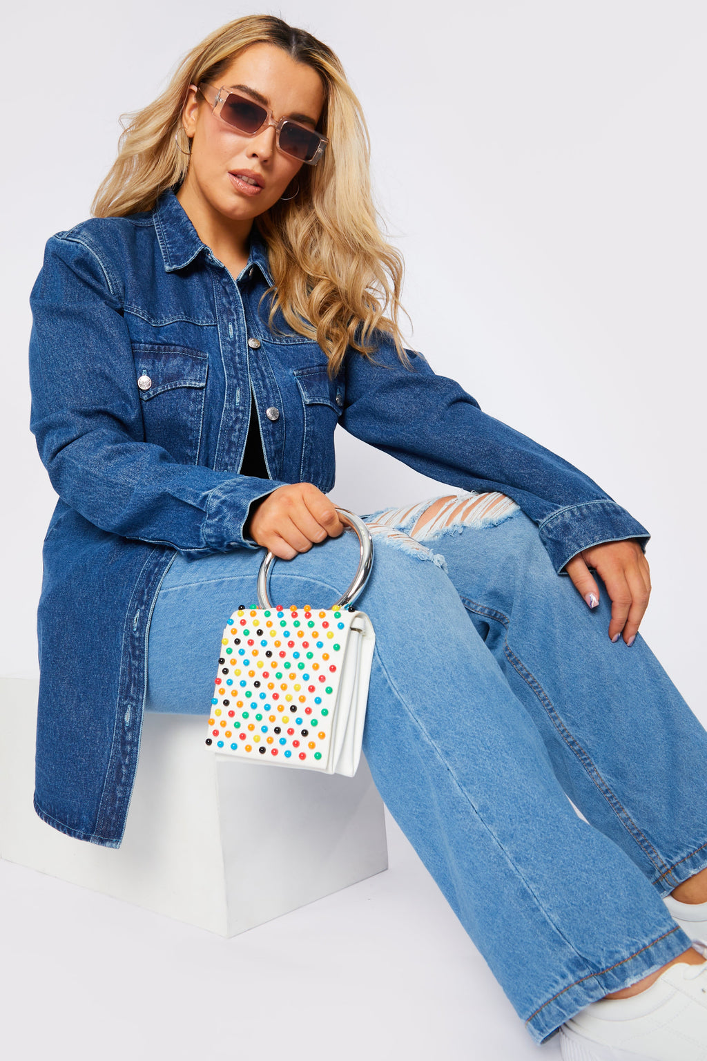 PLUS SIZE LONG DENIM SHIRT - MID BLUE