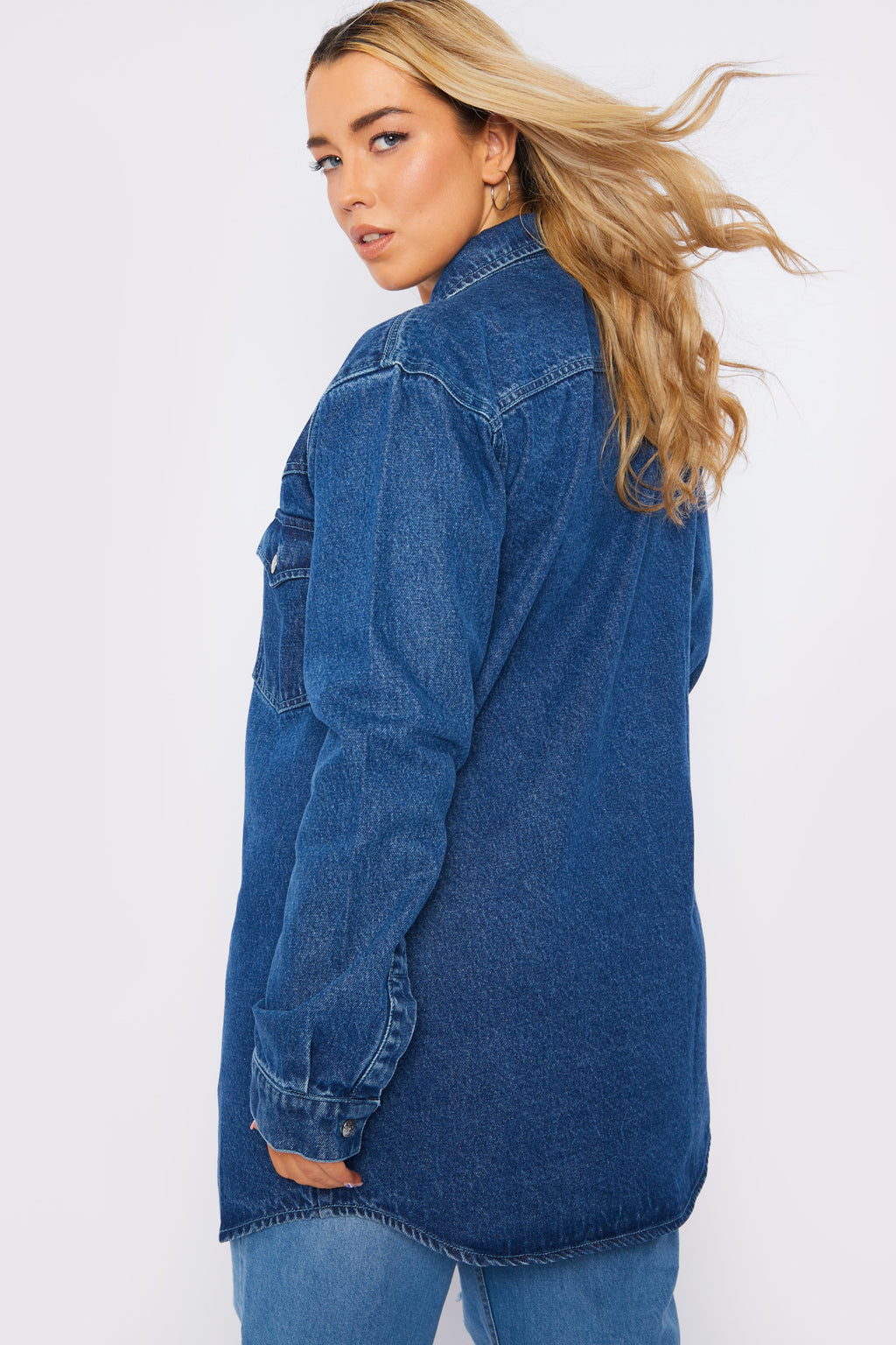 PLUS SIZE LONG DENIM SHIRT - MID BLUE
