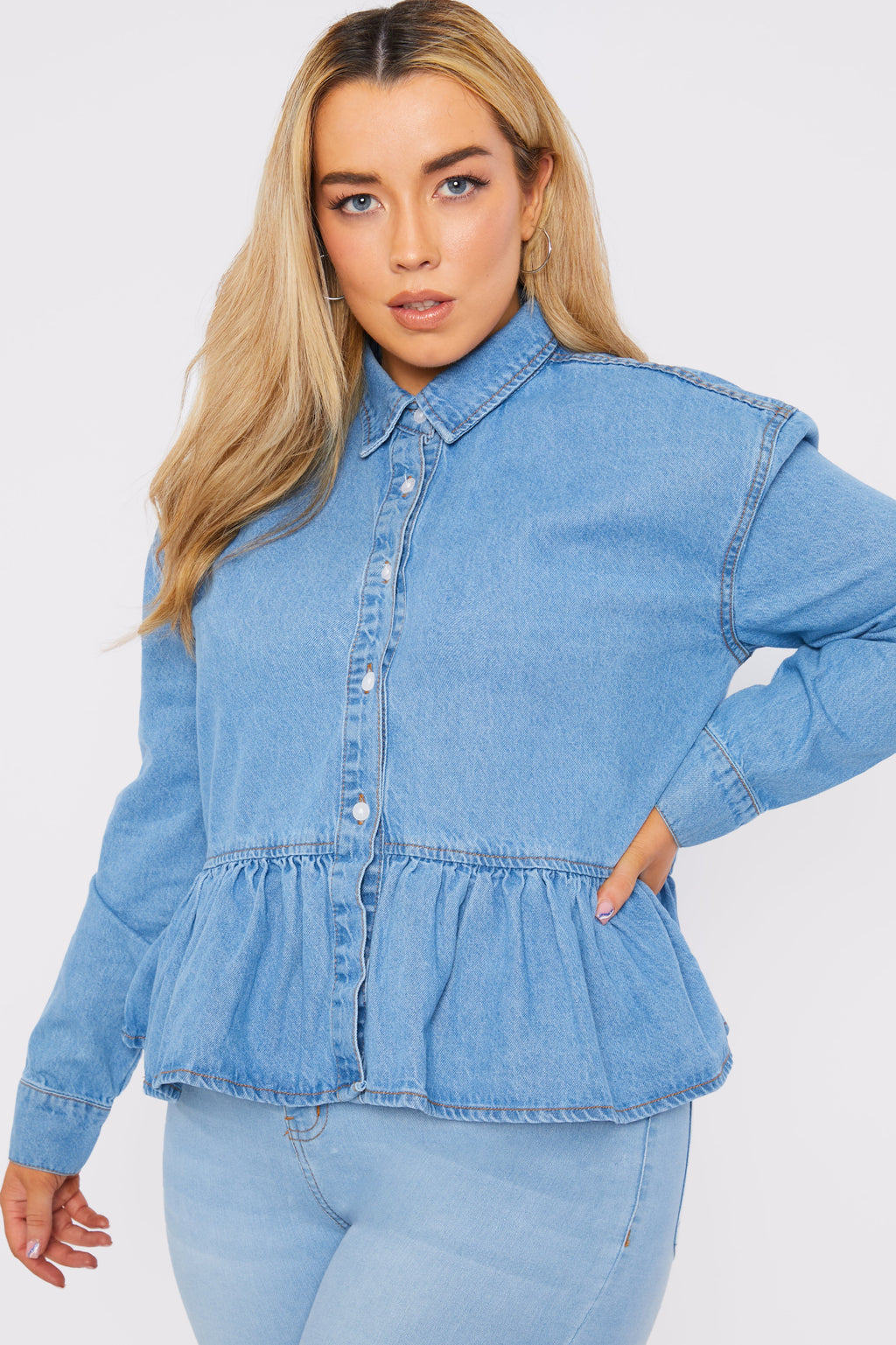 PLUS SIZE PEPLUM DENIM SHIRT - LIGHT BLUE