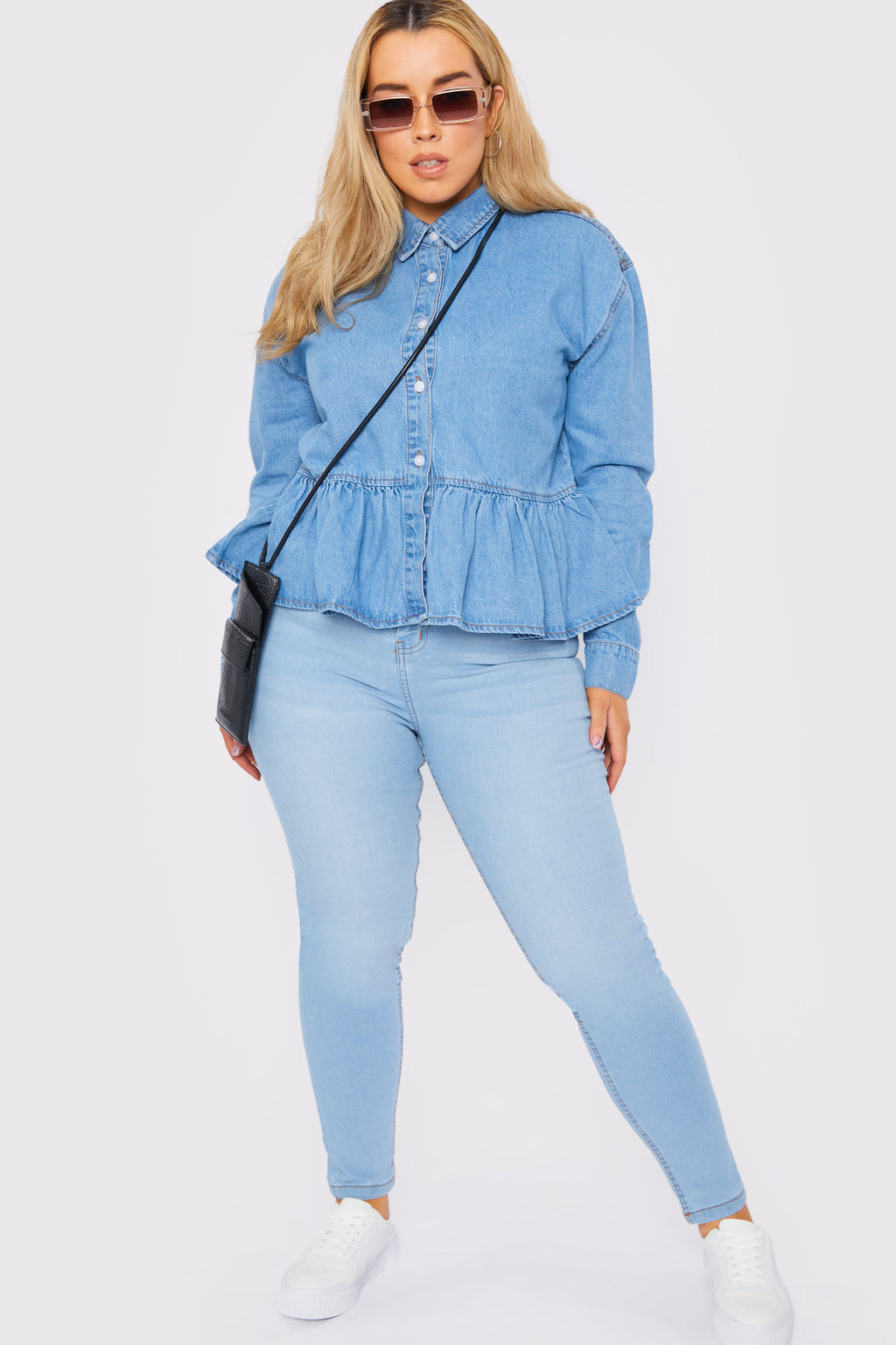 PLUS SIZE PEPLUM DENIM SHIRT - LIGHT BLUE